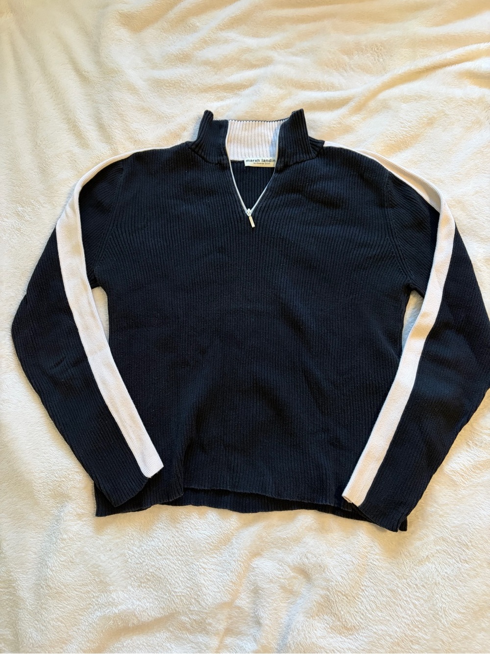 Men's Black Quarter-Zip Sweater with White Sleeve Stripes